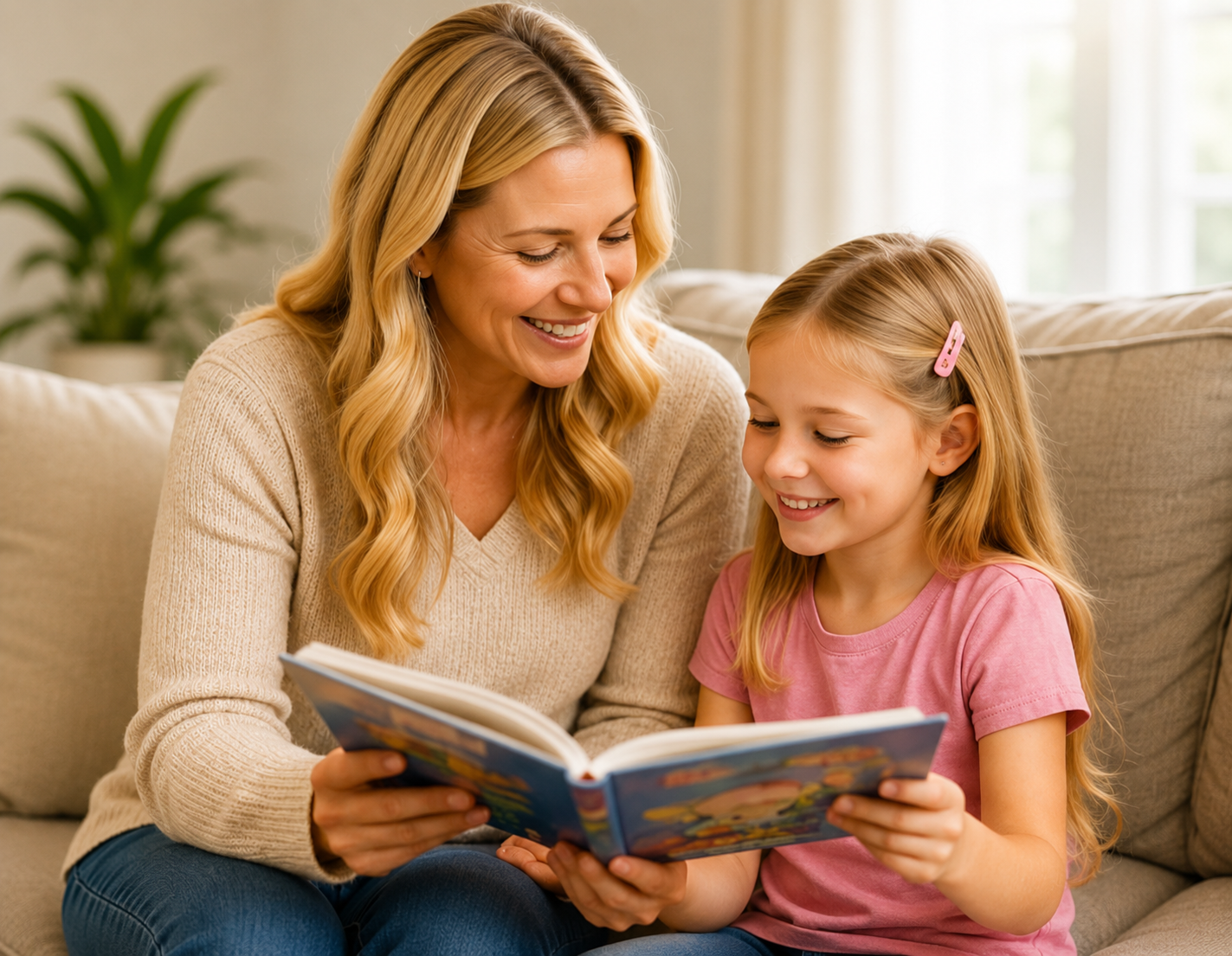 A mother reading with her daughter