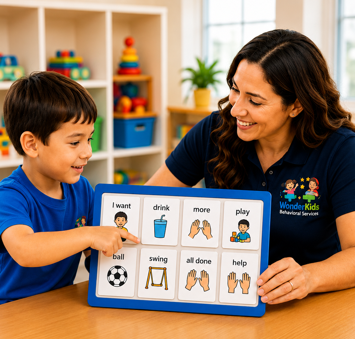 A child using a picture communication board with a female ABA therapist